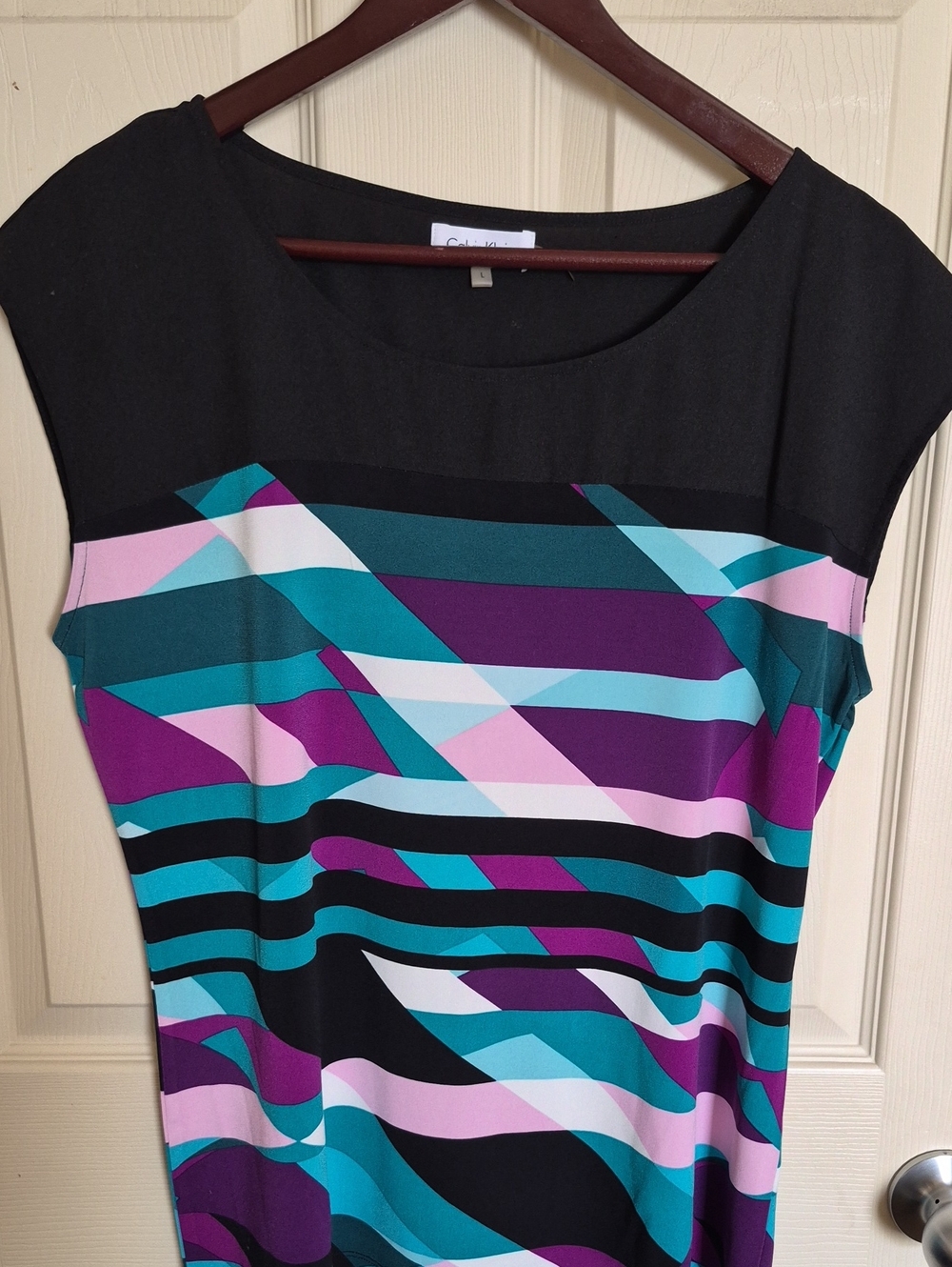 Calvin Klein Geometric Mini Dress in Black & Blue Size Large Like New